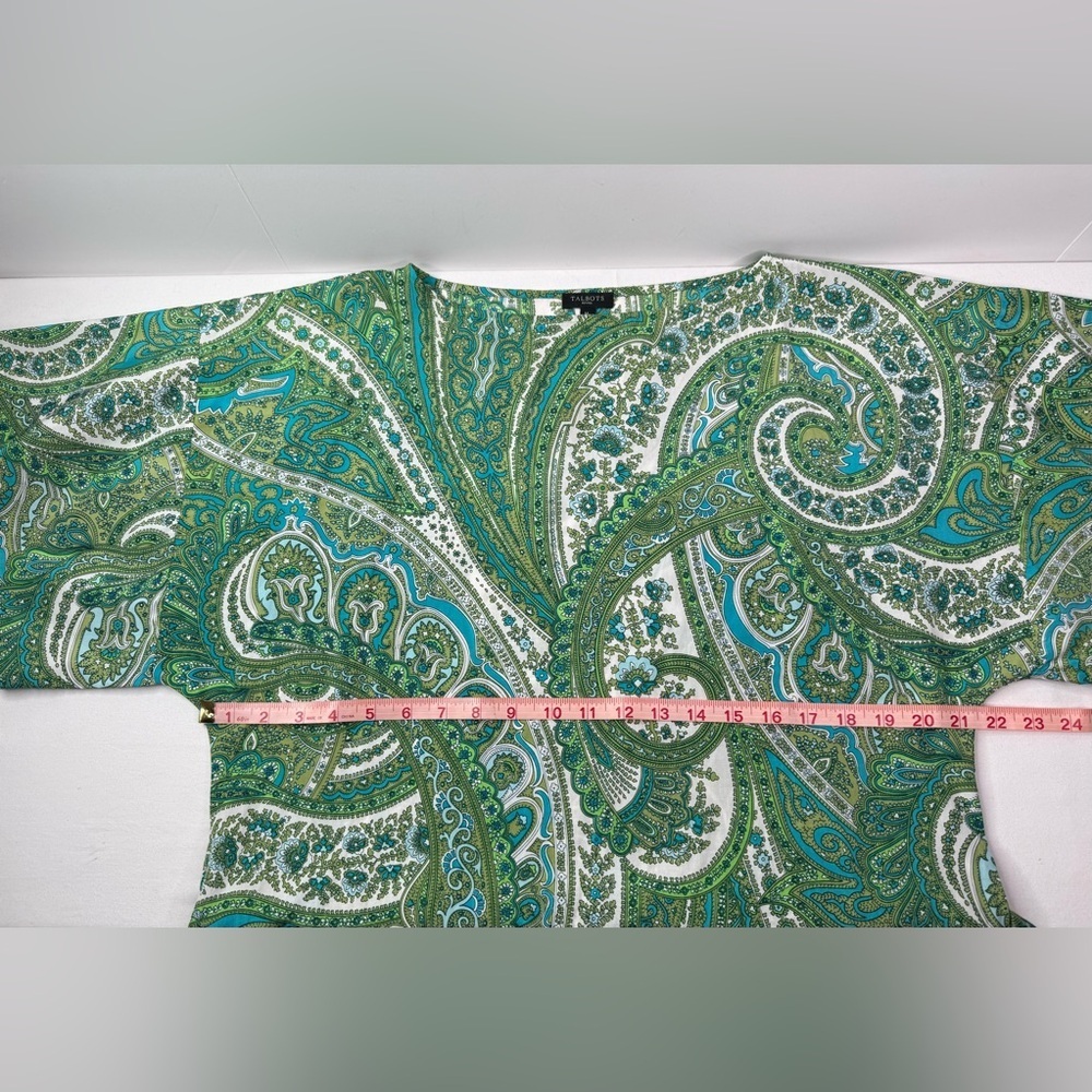 Talbots Silk Paisley Green White Pullover Blouse Short Sleeve Size MP - Picture 7 of 8